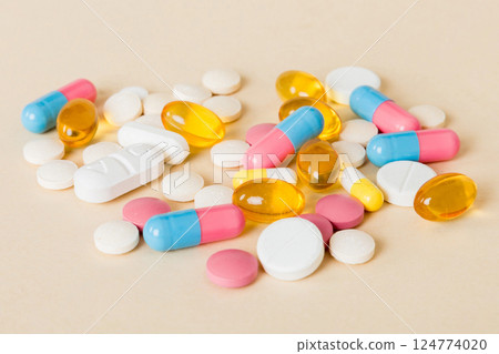Many different colorful medication and pills perspective view. Set of many pills on colored background Many different colorful medication and pills perspective view. Set of many pills on colored background 124774020
