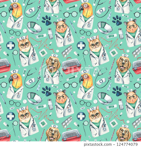 Veterinary doctors hamster, dog, cat, parrot, pet carrier, medicines. Watercolor illustration, hand drawn Seamless pattern on turquoise background. Veterinary doctors hamster, dog, cat, parrot, pet carrier, medicines. Watercolor illustration, hand drawn Seamless pattern on turquoise background. 124774079