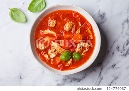 Tomato chicken soup with vegetables and basil. Tomato chicken soup with vegetables and basil. 124774087