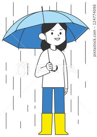 A woman wearing rain boots and holding an umbrella in the rain 124774098