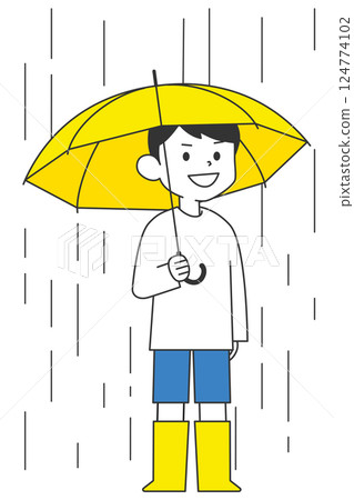 一個男孩在雨中撐著傘，穿著雨靴 124774102