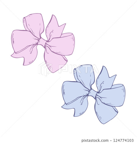 Satin, multilayered fabric bow, with wide ribbons. Graphic sketch illustration hand drawn line art, outline in blue and pink. Single isolated element vector EPS, for hair decoration, clothes, gifts Satin, multilayered fabric bow, with wide ribbons. Graphic sketch illustration hand drawn line art, outline in blue and pink. Single isolated element vector EPS, for hair decoration, clothes, gifts 124774103