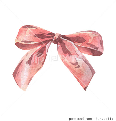 The bow is small, cute and graceful in pink, coral, peach shades. Watercolor illustration, hand-drawn on the theme of Bows of coquettes. A separate element isolated from the background 124774114