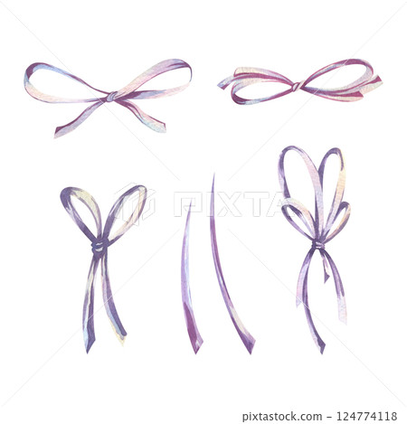 Bows thin small elegant satin simple in lilac and violet shades. Watercolor illustration, hand-drawn on the theme of Bows coquettes. Set of elements isolated from the background. Bows thin small elegant satin simple in lilac and violet shades. Watercolor illustration, hand-drawn on the theme of Bows coquettes. Set of elements isolated from the background. 124774118
