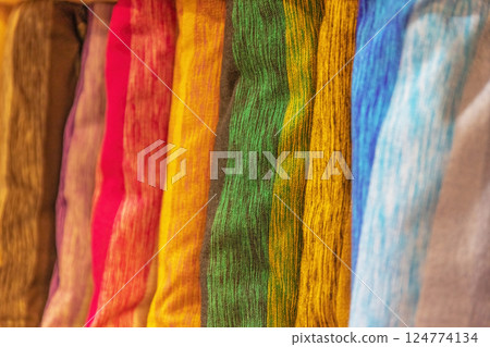 Colorful fabrics woven in row. Fez. Morocco. Colorful fabrics woven in row. Fez. Morocco. 124774134