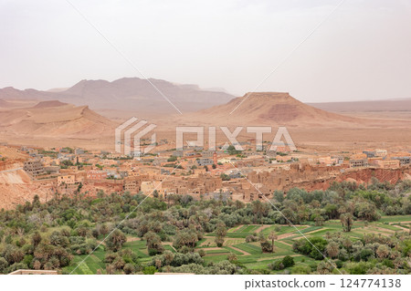 High angle view of  the town of  Tinghir. Morocco. 124774138