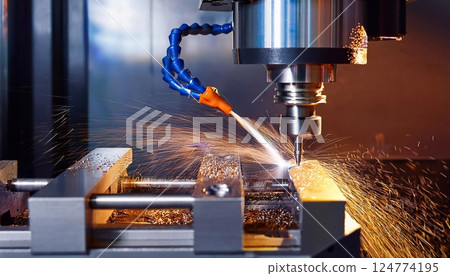 CNC milling machine processing on steel with cooling 124774195