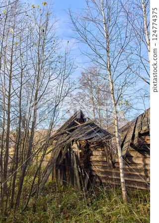Old, Crumbling Russian Bathhouse in Autumn Landscape 124774375