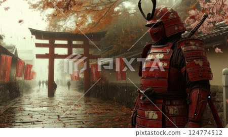 Samurai under torii gate in misty autumn forest 124774512