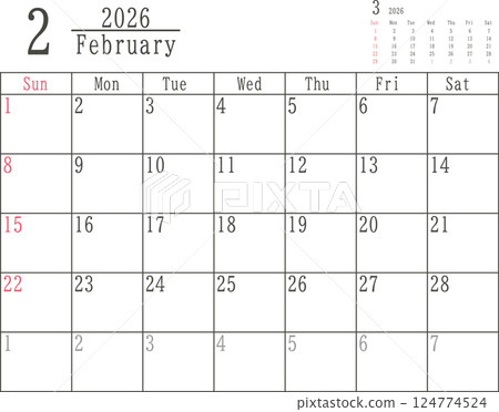 Simple monthly calendar material for February 2026 with Sundays colored only 124774524