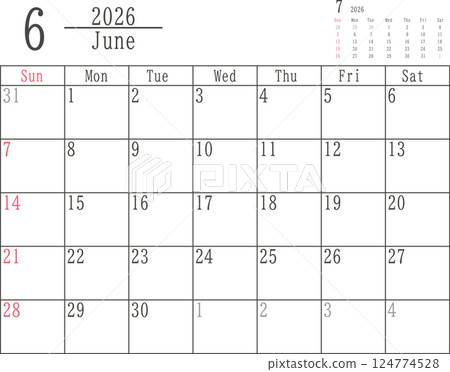 Simple monthly calendar material for June 2026 with Sundays in color only 124774528