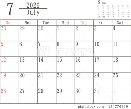Simple monthly calendar material for July 2026 with Sundays in color only 124774529