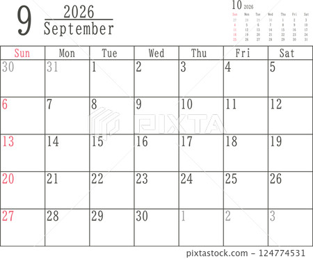 Simple monthly calendar material for September 2026 with Sundays colored only 124774531