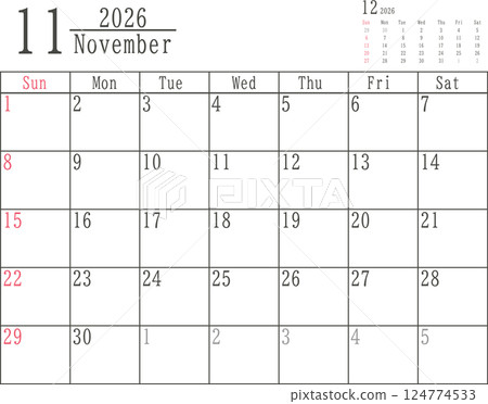 2026 年 11 月的簡單月曆材料，僅星期日有顏色 124774533