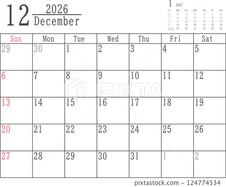 2026 年 12 月的簡單月曆材料，僅星期日有顏色 124774534