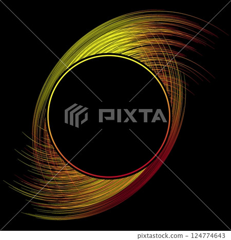 Neon glowing black hole frame with flaming space tunnel in shape of all seeing eye. Gravitational anomaly with flaming fiery cascade from black center. Gradient vector isolated on black background 124774643