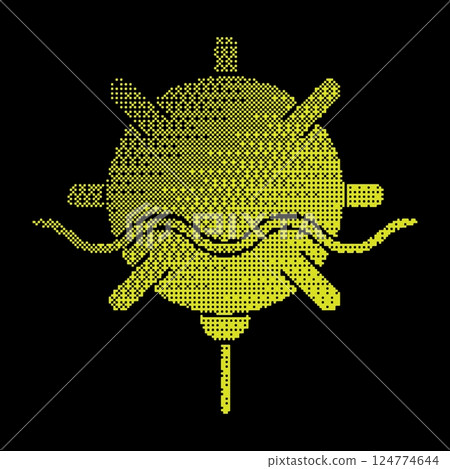 Pixel sea mine halftone silhouette icon. Combat naval anti submarine mine. Fight against enemy ships. Simple black and yellow vector isolated on black 124774644