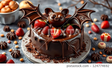 Strawberry and bat cake 124774692