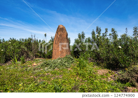Sandstone Menir dating from 6000-4500 BC in the dry hills near Vale Fuzeiros, Algarve, Portugal. 124774900