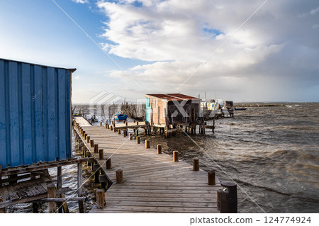 Traditional fishermen wooden jetties Cais Palafitico on Carrasqueira, Alcacer do Sal, Setubal, Portugal Traditional fishermen wooden jetties Cais Palafitico on Carrasqueira, Alcacer do Sal, Setubal, Portugal 124774924