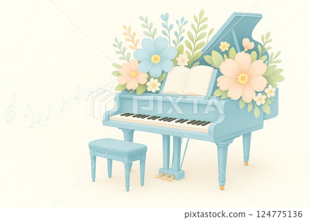 Light blue grand piano with flowers blooming Light blue grand piano with flowers blooming 124775136