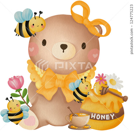 Cute Bee and Bear Clipart Bear with Honey and Flowers Cartoon Teddy Bear Bee  124775223