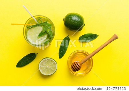 Caipirinha, Mojito cocktail, vodka or soda drink with lime, mint and straw on table background. Refreshing beverage with mint and lime in glass top view flat lay Caipirinha, Mojito cocktail, vodka or soda drink with lime, mint and straw on table background. Refreshing beverage with mint and lime in glass top view flat lay 124775313