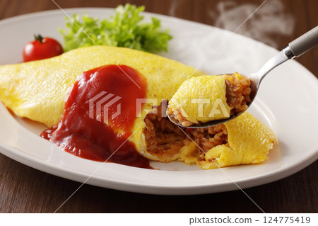 美味的煎蛋飯配番茄醬 美味的煎蛋飯配番茄醬 124775419