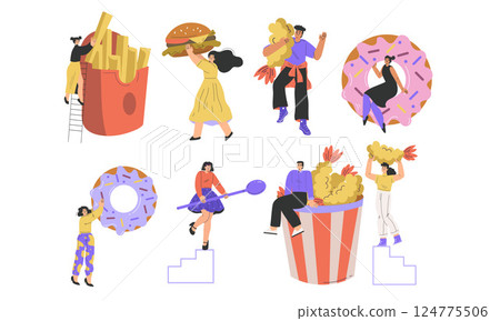 Colorful Food Illustrations Featuring a Variety of Diverse Characters Enjoying Delicious Treats 124775506