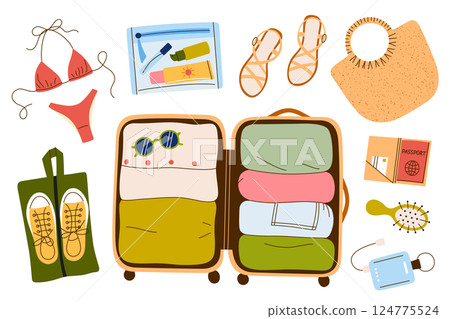 Collection of essential items for womens vacation. Flat cartoon illustrations of tropical getaway, stylish travel accessories, beachwear. Doodle icons for packing visuals, holiday preparations Collection of essential items for womens vacation. Flat cartoon illustrations of tropical getaway, stylish travel accessories, beachwear. Doodle icons for packing visuals, holiday preparations 124775524