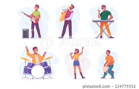 Dynamic and Passionate Musicians Engaging in a Vibrant Band Setting Filled with Energy Dynamic and Passionate Musicians Engaging in a Vibrant Band Setting Filled with Energy 124775552