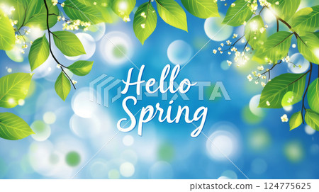 Hello spring greeting with fresh green leaves and blurred background 124775625