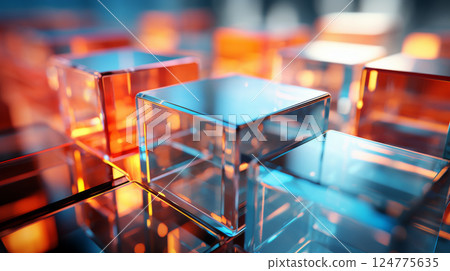 Abstract background of reflective neon purple, blue and orange glass cubes with copy space 124775635