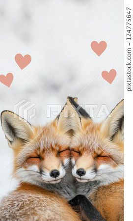 Foxes cuddling with hearts above, depicting love and affection, St Valentines Day postcard 124775647