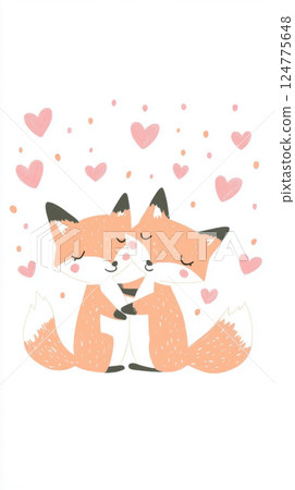 Cute fox couple embracing surrounded by hearts background, St Valentines Day postcard 124775648
