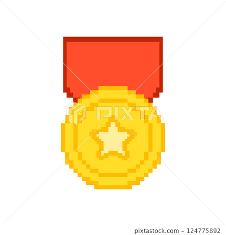 Gold Medal With Star Pixelated Icon. Pixel Art Symbol Of Award Ribbon And Medal Pixel Emblem Design. Isolated Vector Illustration Gold Medal With Star Pixelated Icon. Pixel Art Symbol Of Award Ribbon And Medal Pixel Emblem Design. Isolated Vector Illustration 124775892