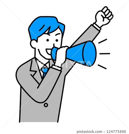一名穿著西裝的男子拿著擴音器歡呼 124775898