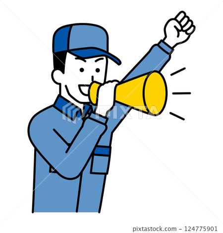一名身穿工作服的男子拿著擴音器歡呼 124775901
