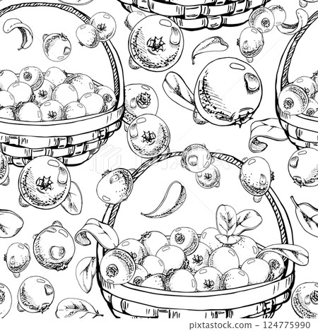 Lingonberry cranberry with leaves in weaved basket, heap of ripe picked forest berry harvest vector hand drawn in ink. Isolated seamless pattern. Home preserves, cafe menu, recipe book, farmers market 124775990