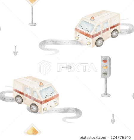 Watercolor pattern ambulance, car rescue service. Illustration transport, road sign, traffic light. Seamless print cartoon style background for design, fabric, baby clothes, textile, cards, wallpaper Watercolor pattern ambulance, car rescue service. Illustration transport, road sign, traffic light. Seamless print cartoon style background for design, fabric, baby clothes, textile, cards, wallpaper 124776140