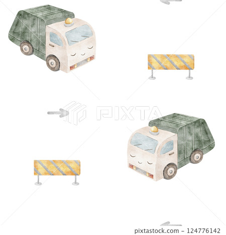 Pattern garbage truck, car character with eyes. Watercolor illustration of funny transport, children's print on background for textile design, fabric, packaging, print, wallpaper, clothes, holiday 124776142