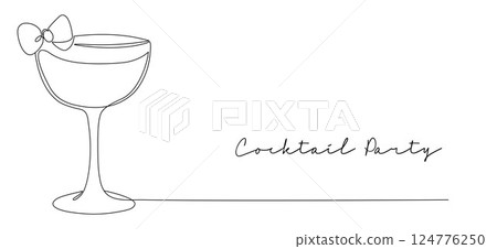 Cocktail Party. Coquette Glass with Ribbon Bow in One Continuous Line Drawing. Line Art. Romance Aesthetic Drink, Girly Vibe in Simple Linear Style. Vector Illustration. Hand Drawn Monoline Cocktail Party. Coquette Glass with Ribbon Bow in One Continuous Line Drawing. Line Art. Romance Aesthetic Drink, Girly Vibe in Simple Linear Style. Vector Illustration. Hand Drawn Monoline 124776250