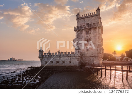 Belem Tower on the bank of the Tagus River on sunset. Lisbon, Portugal 124776272