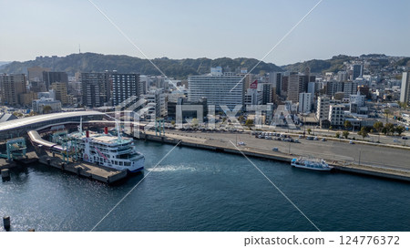 March 23 2025 Waterfront Scene Showcasing Ferry, Terminal, and Cityscape, Japan March 23 2025 Waterfront Scene Showcasing Ferry, Terminal, and Cityscape, Japan 124776372