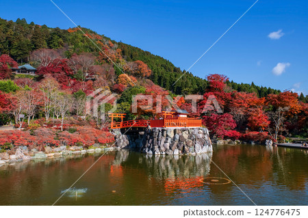 Shrine and torii gate by pond of Katsuo-ji temple in autumn, Minoh Shrine and torii gate by pond of Katsuo-ji temple in autumn, Minoh 124776475