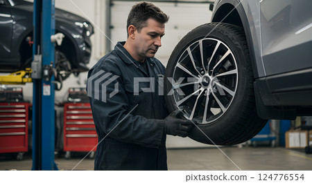 Mechanic Examining a Tire in a Workshop 124776554