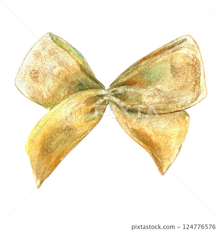 Gold bow from vibrant collection of ribbons, curls. Hand-painted in watercolor with gold paint accents. Isolate element is presented for decorating and designing textiles, wallpaper, prints, packaging Gold bow from vibrant collection of ribbons, curls. Hand-painted in watercolor with gold paint accents. Isolate element is presented for decorating and designing textiles, wallpaper, prints, packaging 124776576