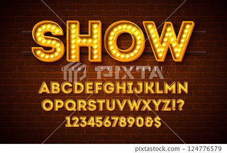Light Bulb Alphabet with Yellow Frame Box and Shadow on Vintage Brick Wall Background. Glowing Retro Vector Font Collection with Shiny Bright Lights. ABC and Number Design for Casino, Night Club or Light Bulb Alphabet with Yellow Frame Box and Shadow on Vintage Brick Wall Background. Glowing Retro Vector Font Collection with Shiny Bright Lights. ABC and Number Design for Casino, Night Club or 124776579