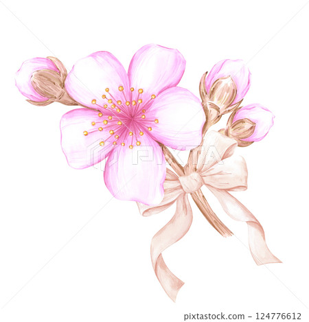 Hand drawn watercolor cherry blossom branch composition with a bow. Illustration of flowers isolated on white background. Can be used for postcard, label, scrapbook and other printed products. 124776612