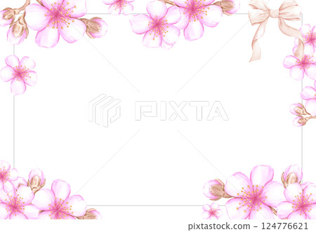 Hand drawn watercolor cherry blossom branch frame border. Illustration of flowers isolated on white background. Can be used for business card, scrapbook and other printed products. Hand drawn watercolor cherry blossom branch frame border. Illustration of flowers isolated on white background. Can be used for business card, scrapbook and other printed products. 124776621
